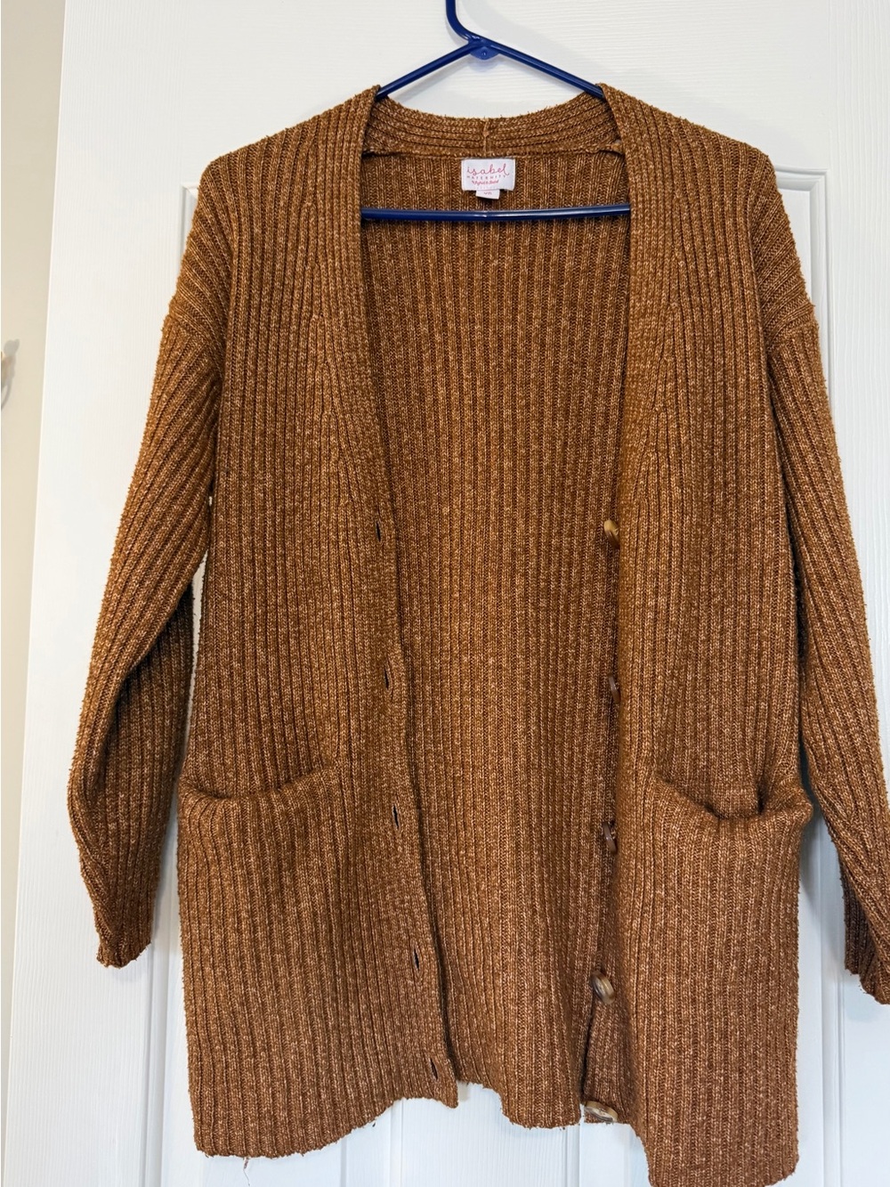 Cozy Ribbed Open-Front Rust Brown Button Cardigan Maternity Sweater Women’s XS